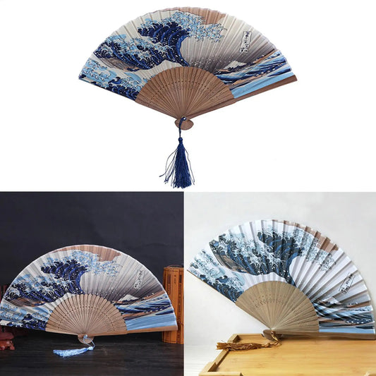Bamboo Silk Folding Hand Fan – Japanese Wave Design | Gift Folding Hand Fan Peaceful Pleasures Health and Wellness