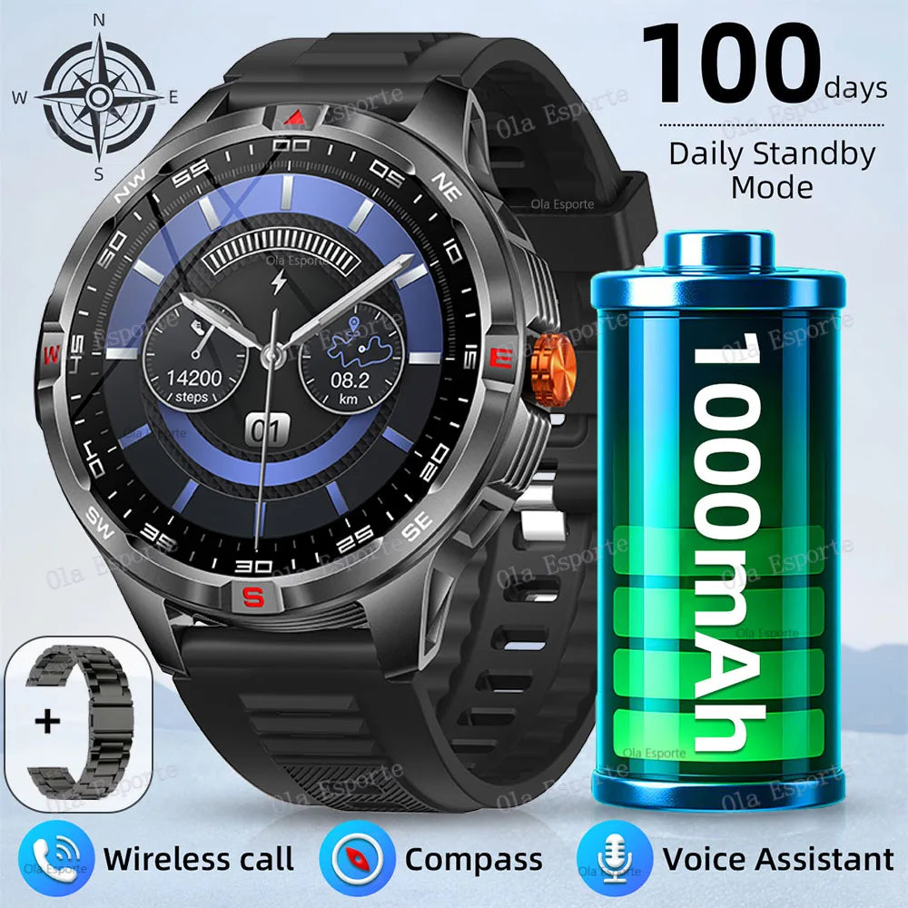 Military 1000mAh Battery Sports Smart Watch Adult Men Compass BT Call Heart Rate Health Monitoring IP68 Waterproof SmartWatches Peaceful Pleasures Health and Wellness Bk22Szstrap
