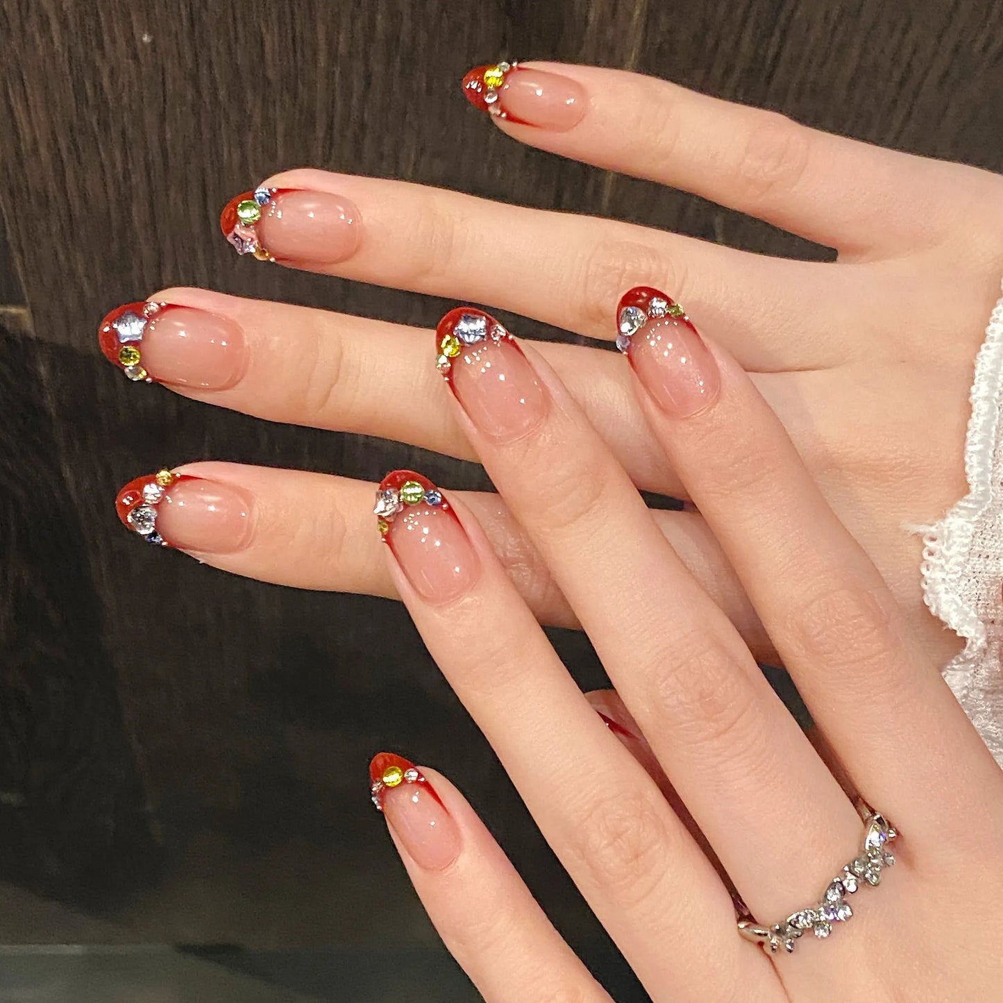 10pcs Handmade Red French Press on Nails Glitter Diamond Decor False Nails Full Cover Wearable Sweet Short Round Fake Nail Tips Peaceful Pleasures Health and Wellness