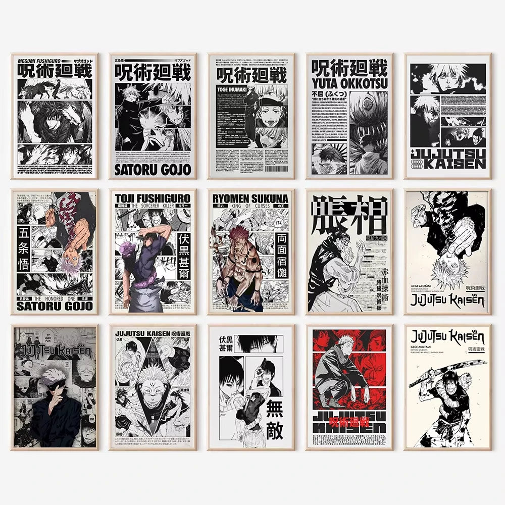 Jujutsu Kaisen Retro Canvas Poster, Japan Anime Figure Itadori Yuji Gojo Satoru Fushiguro Toji Wall Decor for Room Home & Gift Peaceful Pleasures Health and Wellness