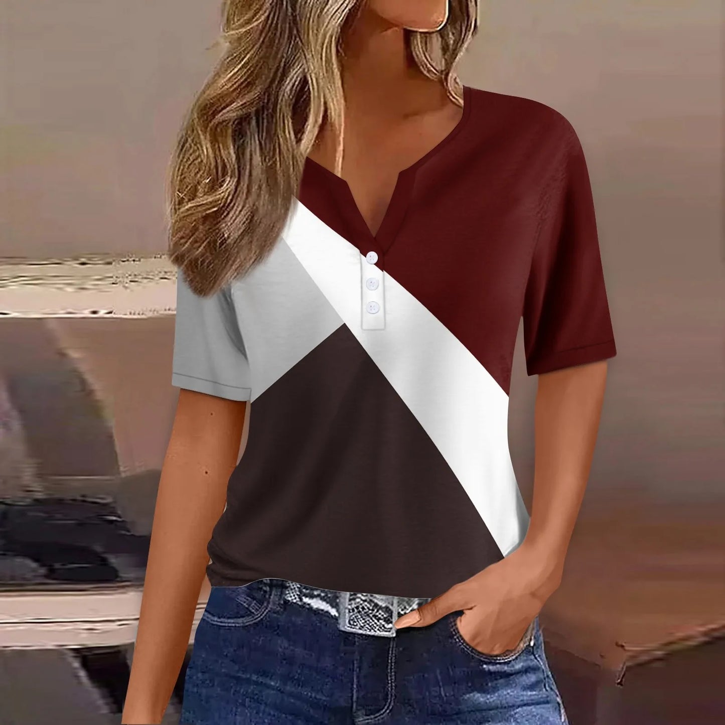 2024 Summer Patchwork T-Shirts Button Tops Womens Casual Short Sleeve Loose Ladies V-Neck Female Street Clothes Pullover Peaceful Pleasures Health and Wellness Deep Red XXXL
