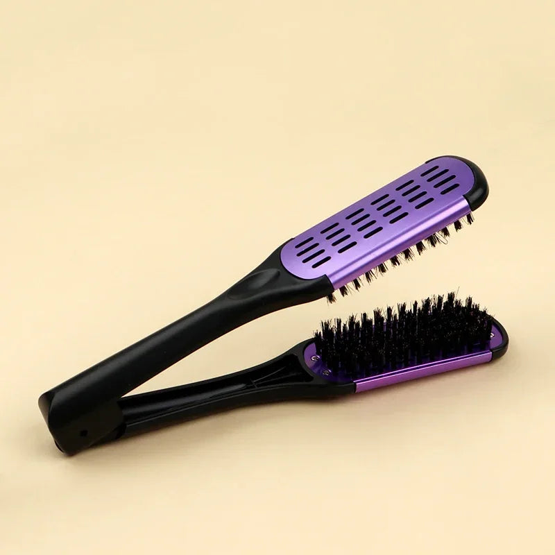 Pro Hairdressing Straightener Nylon Hair Straightening Double Brushes V Shape Comb Clamp Not Hurt Styling Tools DIY Home Peaceful Pleasures Health and Wellness Black Purple