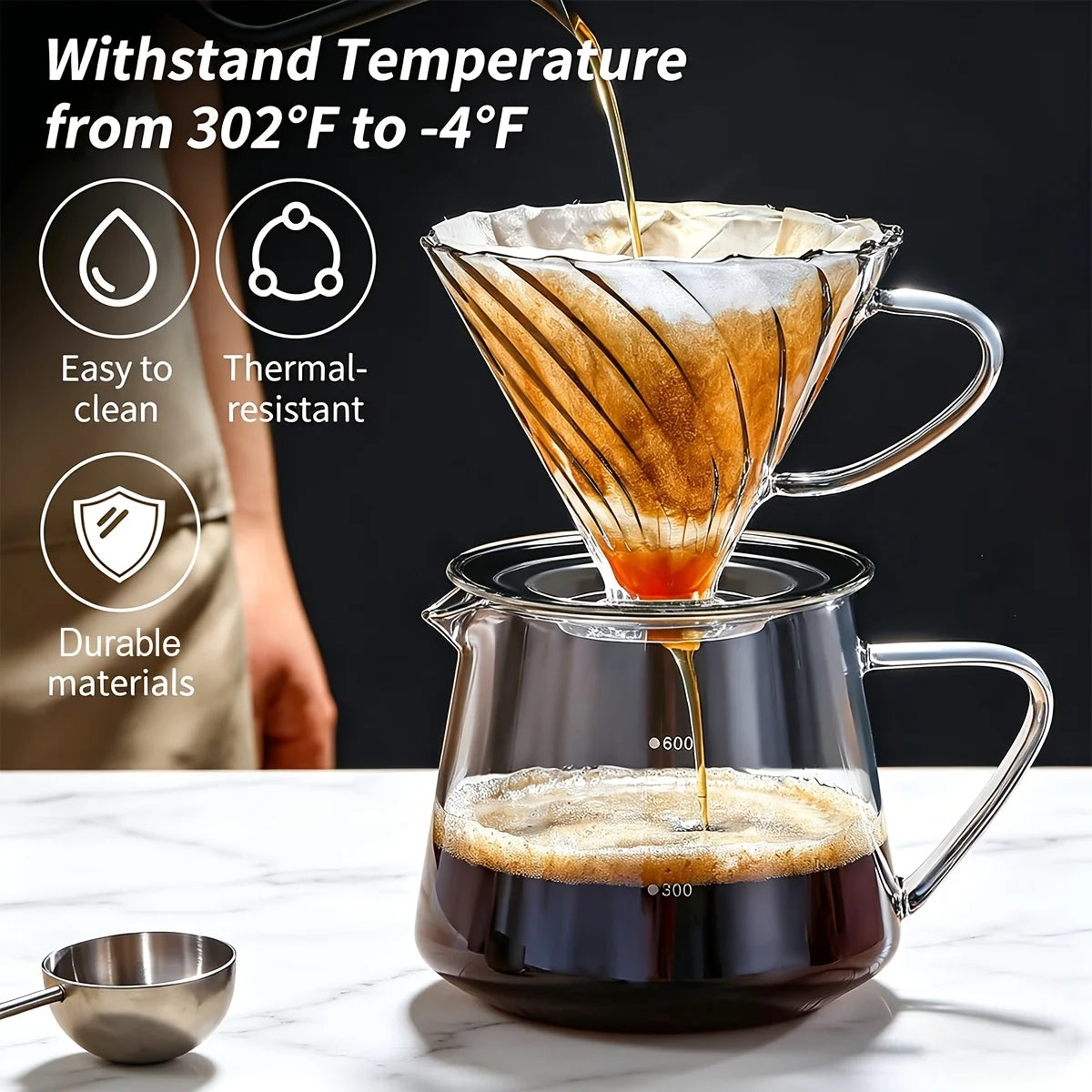 Pour Over Coffee Maker with Coffee Spoon 600ML/20OZ, Heat Resistant Borosilicate Glass Dripper with Filter Holder Peaceful Pleasures Health and Wellness