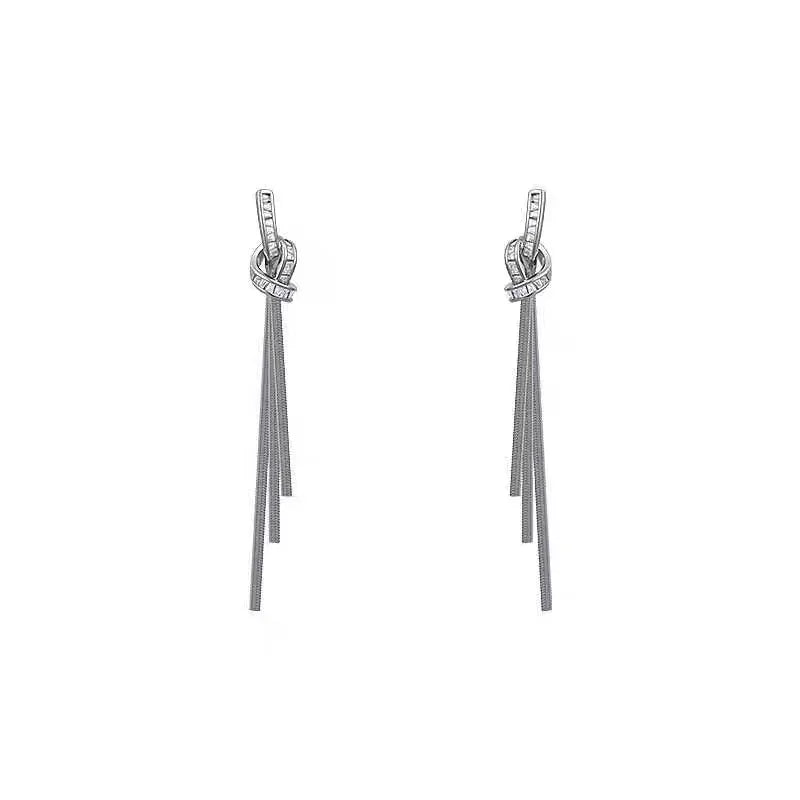 Long Diamond Studded Tassel Earrings Light Luxury Knotted Gold Silver