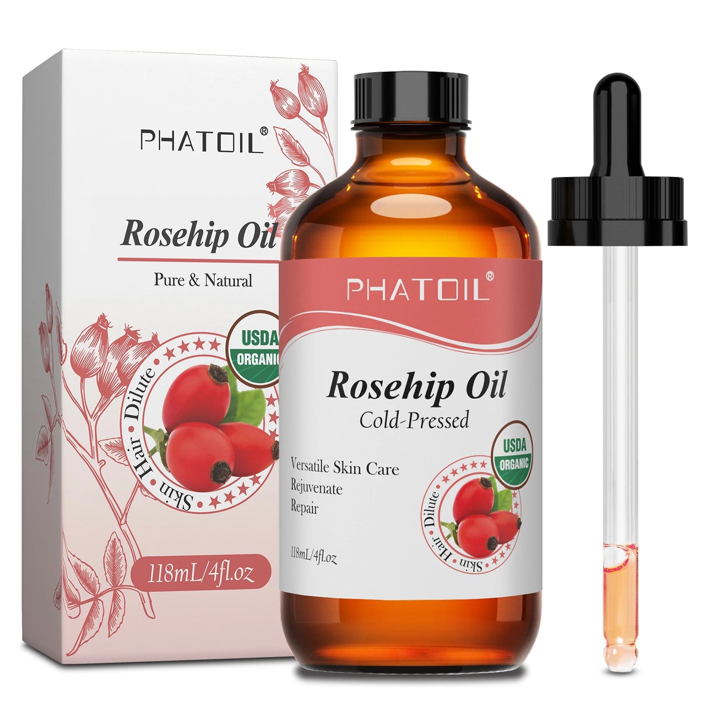 PHATOIL 118ml Organic Face Oil Natural Cold Pressed USDA Carrier Oils- Castor Oil,Jojoba,Moroccan Argan Oil,Rosehip Seed Oil Peaceful Pleasures Health and Wellness Rosehip Oil 118ml