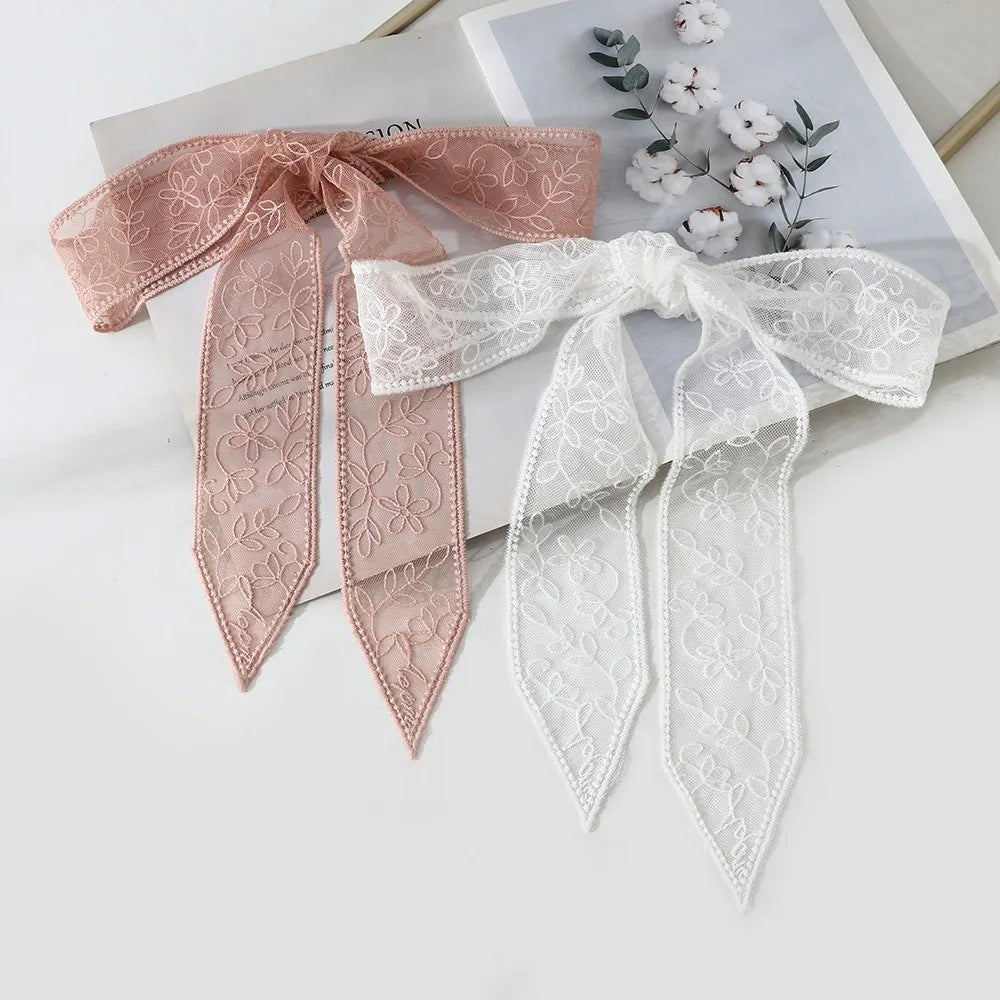 Women's Floral Embroidered Narrow Long Scarf Y2K Ribbon Headscarf