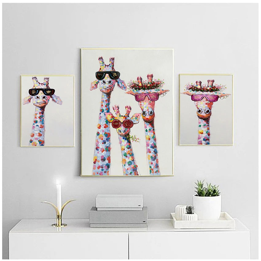Colorful Giraffe Family Canvas Wall Art Poster | Kids Room Decor