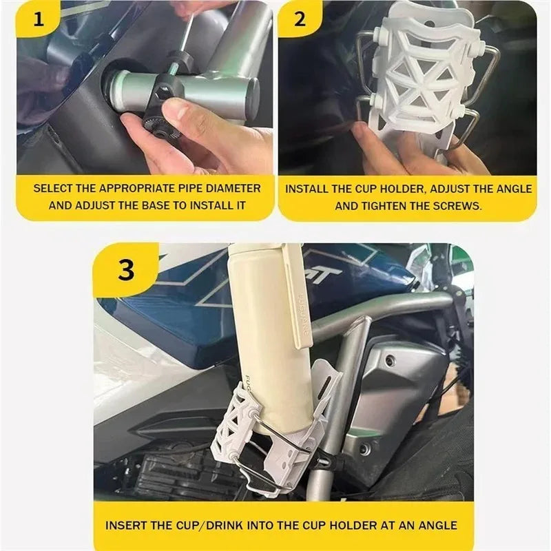 Universal Motorcycle Cup Holder – No-Drill 360° Handlebar Mount