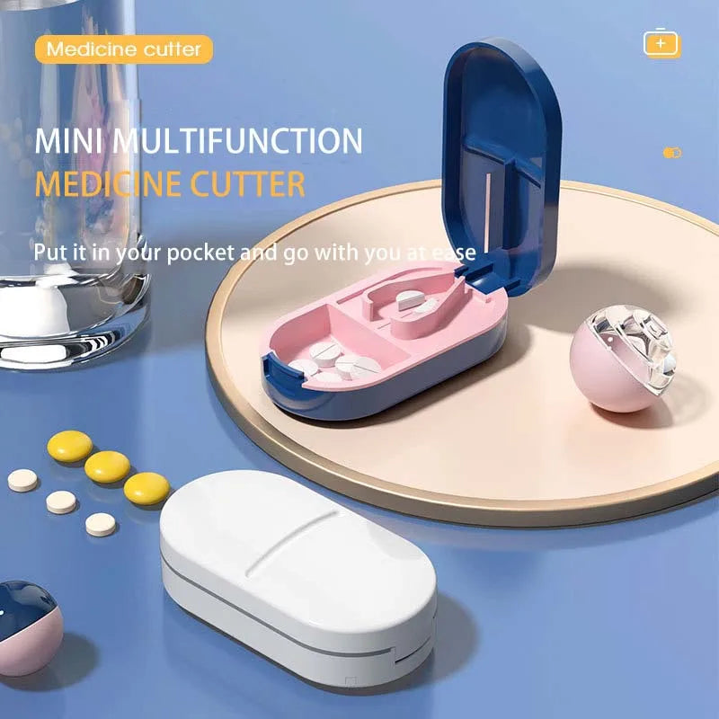 2-in-1 Portable Pill Cutter & Dustproof Storage Box Organizer