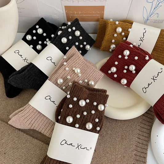 1 Pair of Women's Fashionable Pearl Decorative Socks, Cute Princess Style Mid Calf Korean Style Socks, Clothing Accessories Peaceful Pleasures Health and Wellness