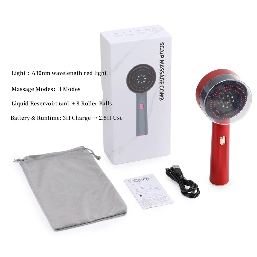 Electric Massage Comb Kneading Scratching Head Massager Deep Tissue Scalp Circulation Light Therapy Brush with Oil Applicator Peaceful Pleasures Health and Wellness 3 Modes 1 Light 1