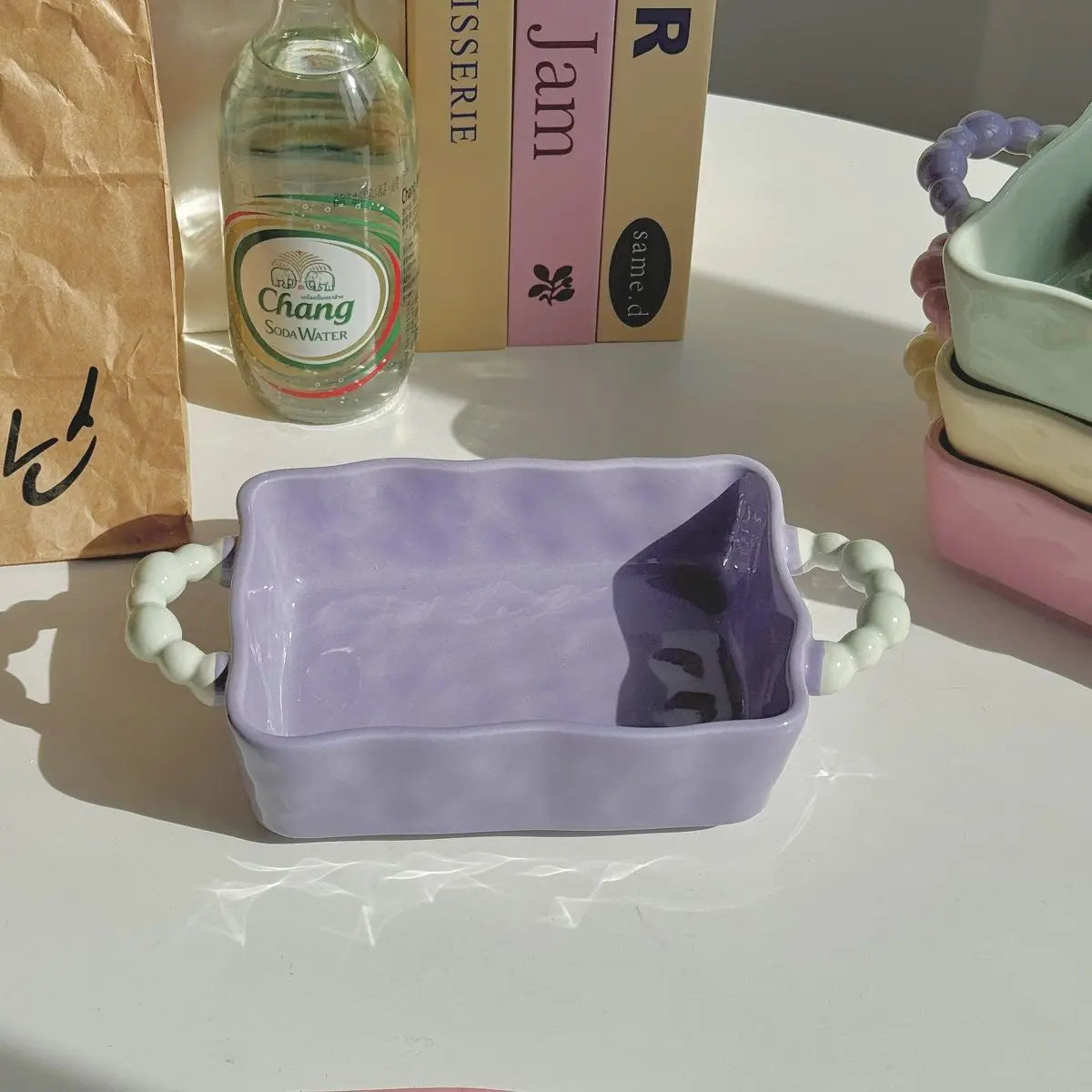 Color Blocked Sugar Bean Irregular Baking Tray Ceramic Double Ear Baking Bowl High End Microwave Oven Baking Utensils Practical Peaceful Pleasures Health and Wellness PURPLE 8 inches