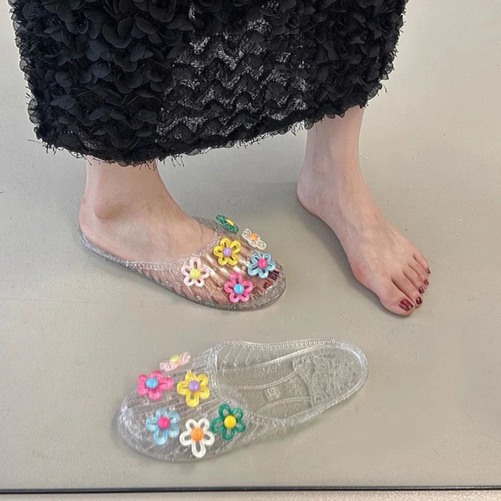 Transparent Flat Bottomed Hooded Slippers,Anti Slip Hollow Hole Shoes,Crystal Half Slippers,For Beach Fun/Daily Casual Walking Peaceful Pleasures Health and Wellness
