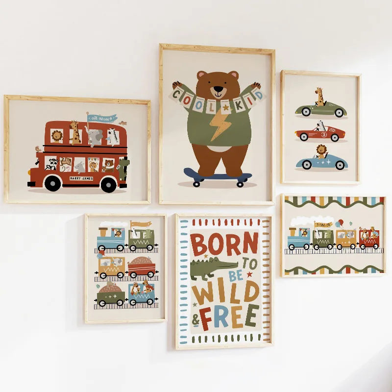 Funny Cartoon Animals Car Bus Nursery Wall Art Canvas Painting Leopard Bear Zebra Posters & Prints Pictures Baby Kids Room Decor Peaceful Pleasures Health and Wellness