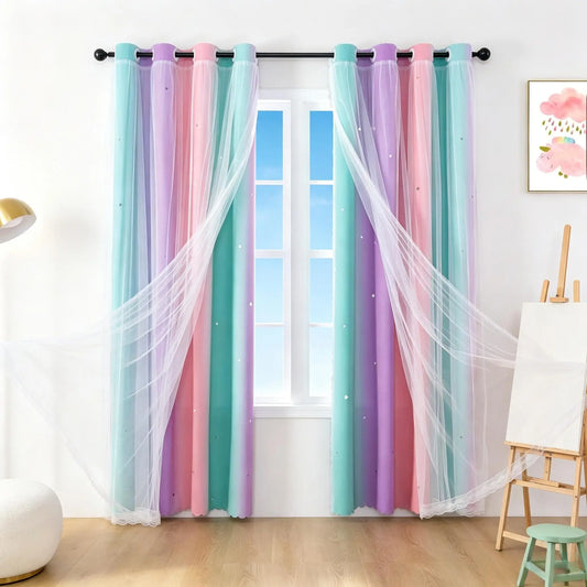 Blackout Curtains for Girls Kids Bedroom 2 Layer Thermal Insulated Rainbow Drapes 2 Panel Set Curtains with Sheer Pink/Purple Peaceful Pleasures Health and Wellness