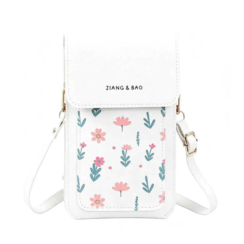 Floral Print Crossbody Phone Bag With Clear Touch Screen Window Mini Cell Phone Pouch Walle For Women Daily Travel Use Peaceful Pleasures Health and Wellness White