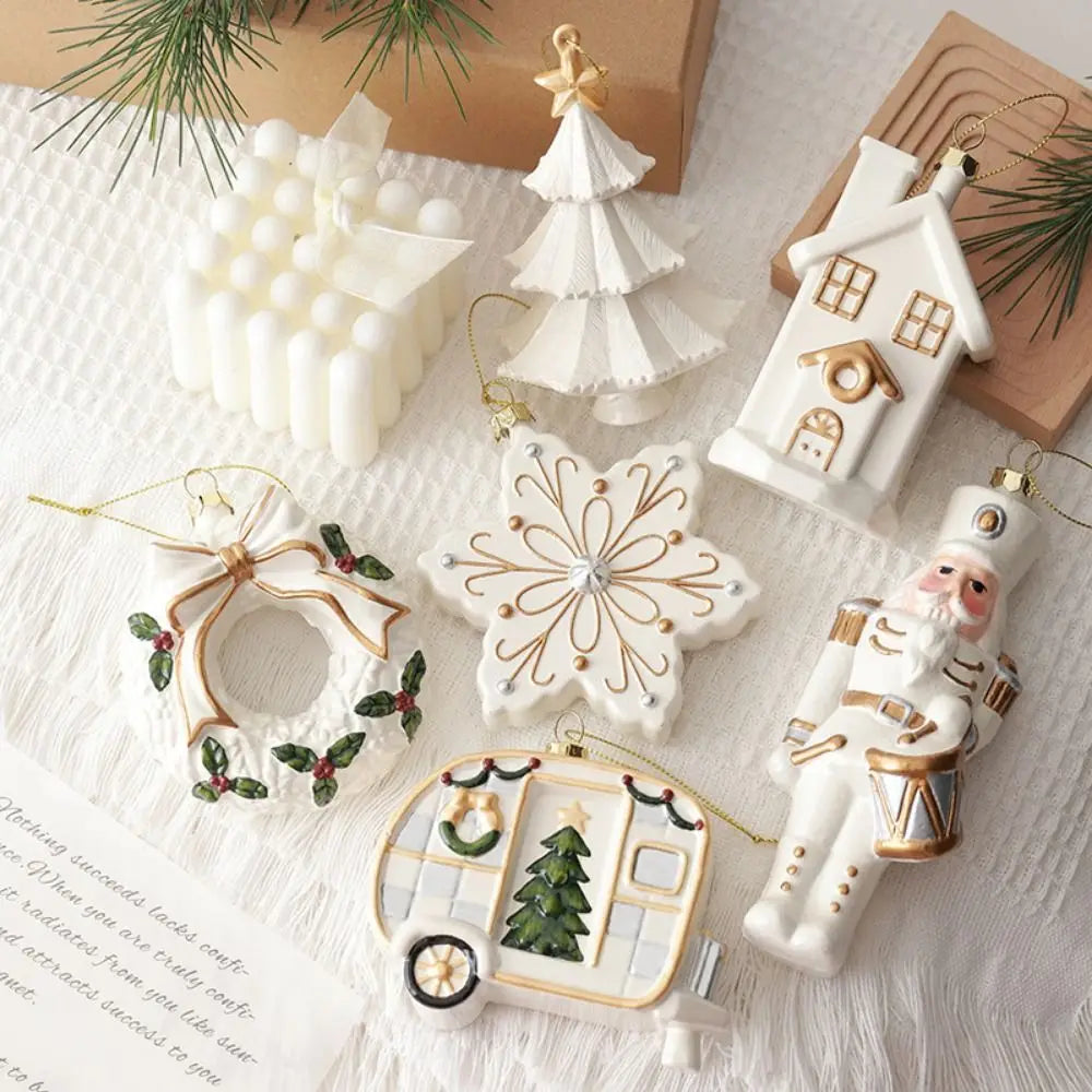 White Christmas Hanging Ornaments – Tree, Soldier & House Baubles