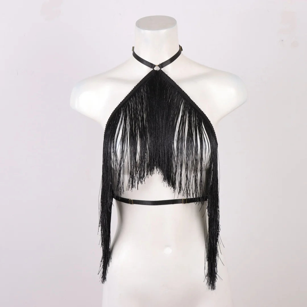 UYEE Women's Black Halter Tassel Detail Adjustable Elastic Harness