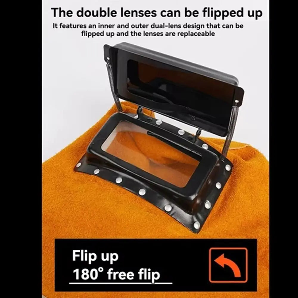 Leather Welding Helmet Flip-Open Lens | Heat Resistant Hood