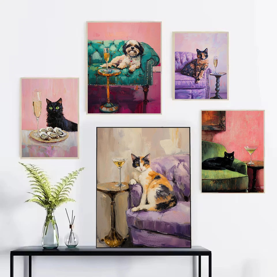 Trendy Cute Quirky Calico Cat with Martini Champagne Cocktail on The Sofa Poster Canvas Painting Wall Art Pictures Home Decor Peaceful Pleasures Health and Wellness
