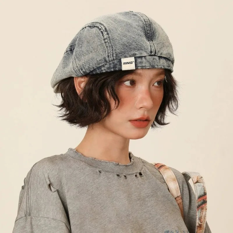 Women's Retro Washed Denim Beret | Cotton Forward Hat