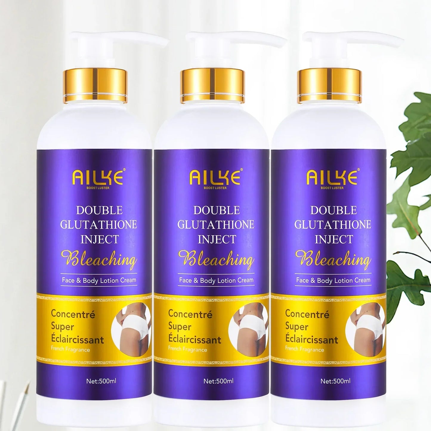 Three bottles of AILKE Double Glutathione Inject Bleaching cream on a white background with a plant on the side.