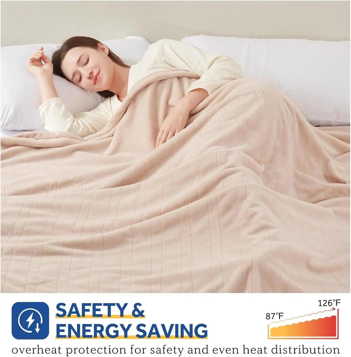 Twin Electric Heated Blanket 62x84" – 10 Levels, ETL/FCC, Flannel, Beige Peaceful Pleasures Health and Wellness