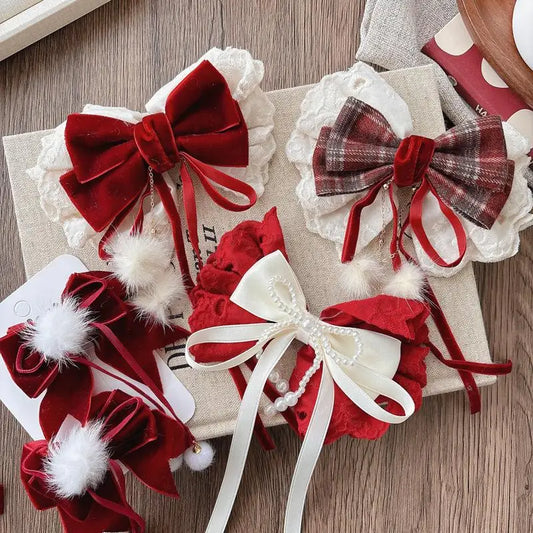 Girls Red Velvet Lace Bow Hair Clip | Korean Princess Hairpin Kids Hair Clip Oasis Select