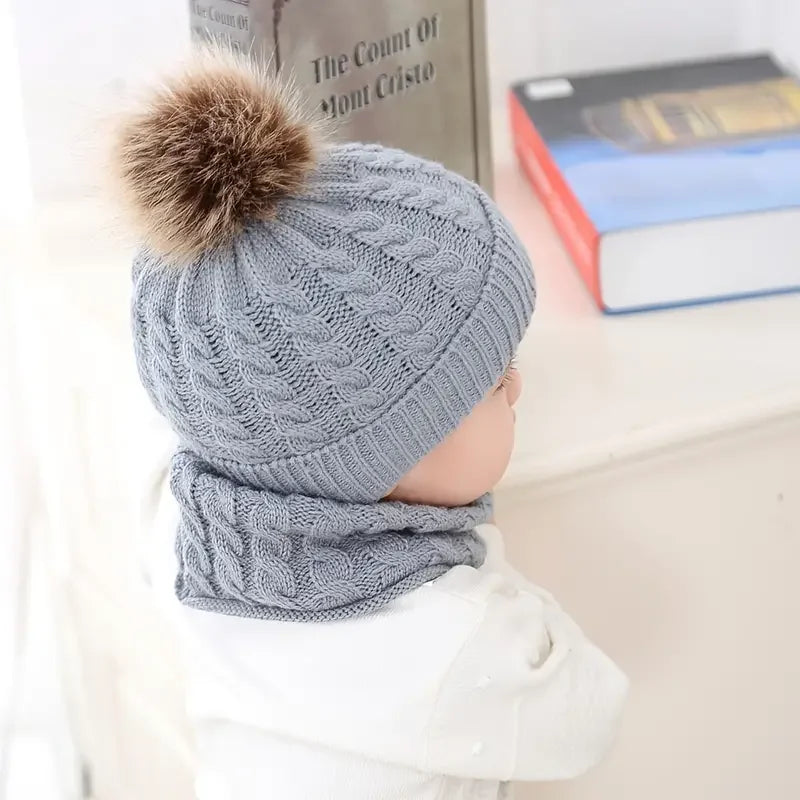 2pcs/set Children's Woolen Hat & Neck Scarf Set, Winter Solid Color Outdoor Cycling Thickened Warm Knitted Hat Peaceful Pleasures Health and Wellness