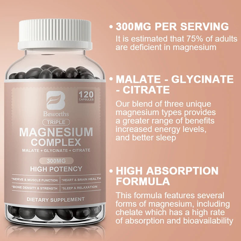 Magnesium Complex Capsules 300mg – Triple Blend (Glycinate, Malate, Citrate) Dietary Supplement Peaceful Pleasures Health and Wellness