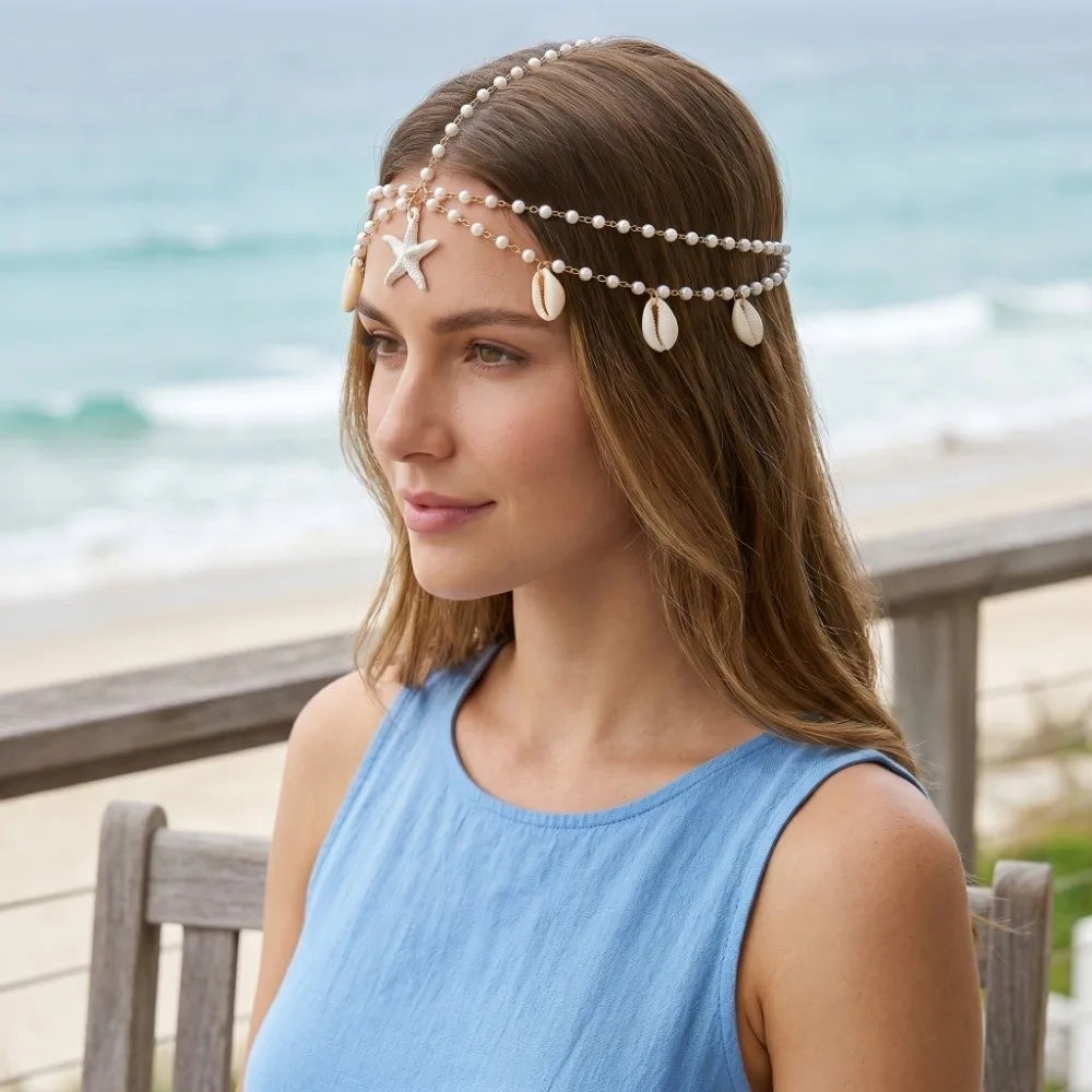 Boho Starfish Pearl Head Chain | Beach Festival Hair Jewelry Boho Head Chain Peaceful Pleasures Health and Wellness
