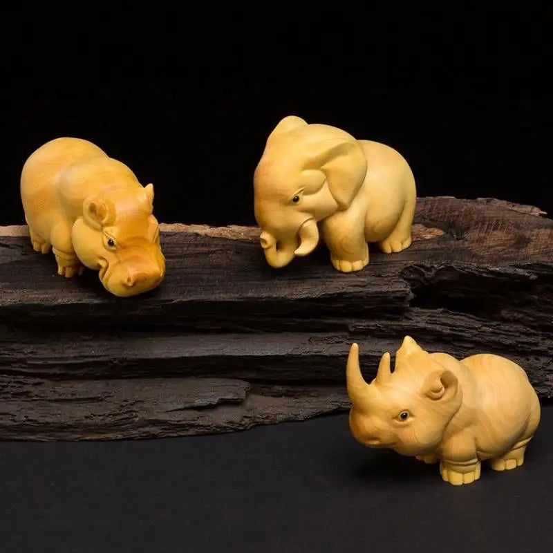 Handmade Wood Carving Animal Figurines – Rhino, Hippo, Elephant