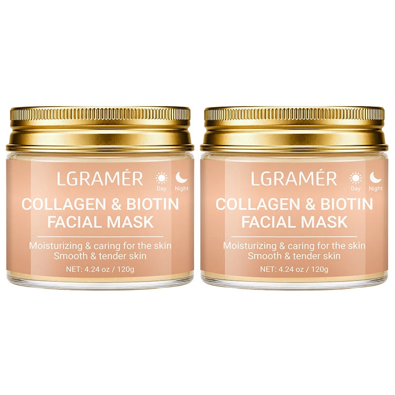 Collagen & Biotin Day Night Mask, Intense Moisturizing Hydration, Smooth Rough Skin, Make Skin Tender Soft & Glowing Facial Care Peaceful Pleasures Health and Wellness 120g-2pcs