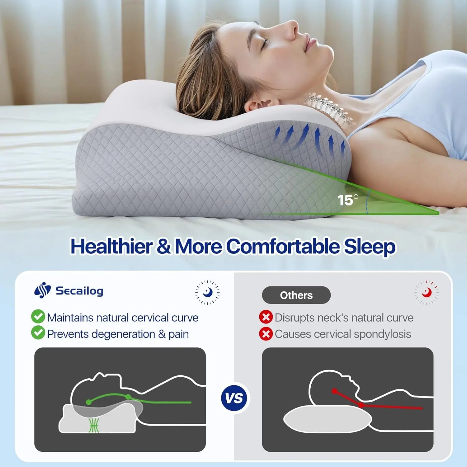 Woman lying on a bed with a Secailog pillow, emphasizing healthier sleep.