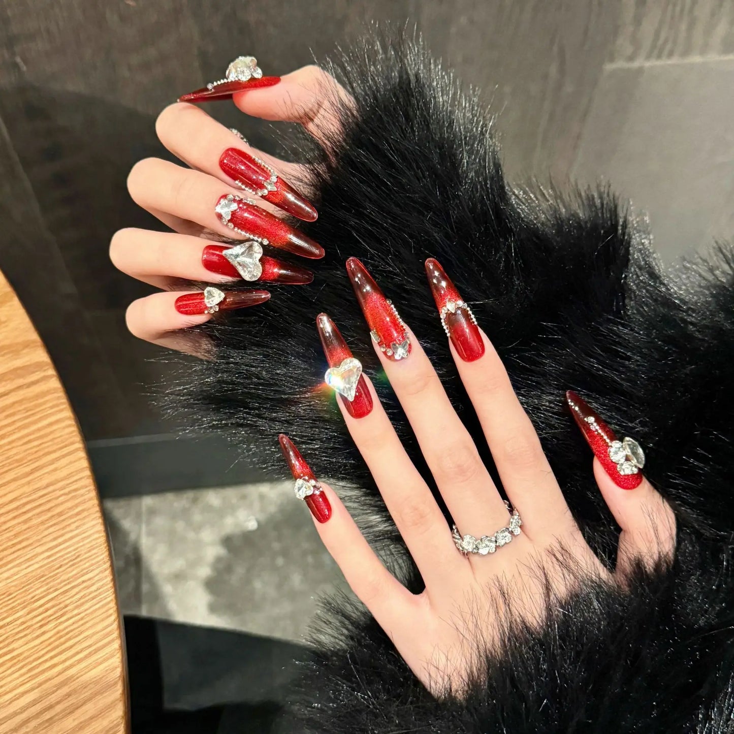 Handmade Press on Nails Long Oval Red French Fake Nails for Women Girl Wearable Large Heart Diamond Design New Year False Nails Peaceful Pleasures Health and Wellness
