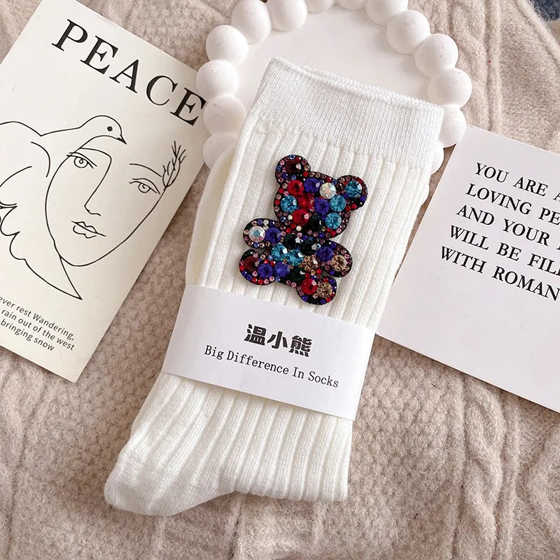 Diamond Cartoon Bear Decorative Socks, Fashionable Diamond Sparkling Women's Socks, Comfortable And Breathable Christmas Socks Peaceful Pleasures Health and Wellness