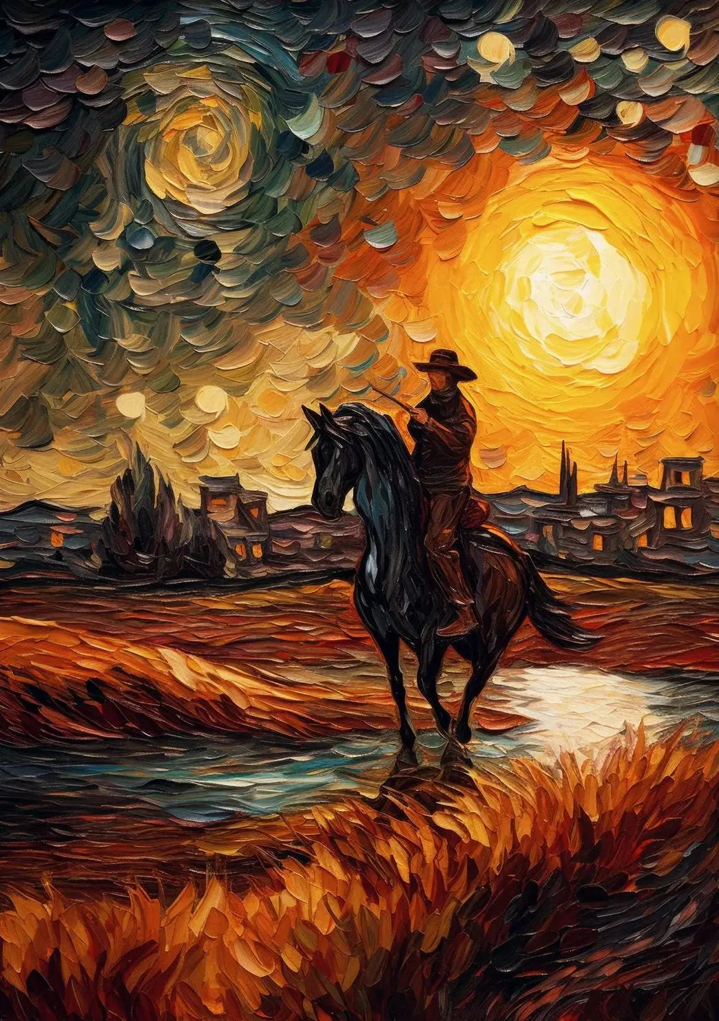 Impressionist Cowboy & Horse Canvas Wall Art | Wild West Print