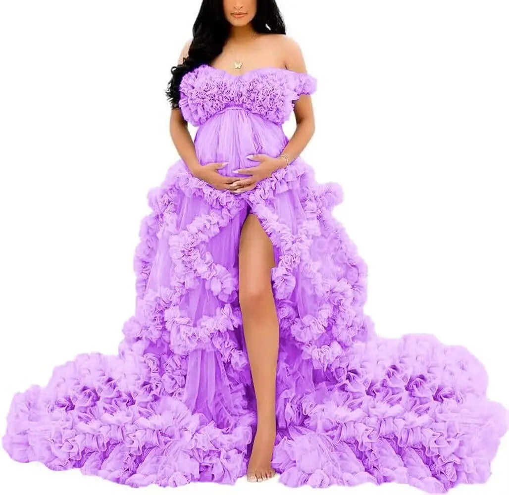 Photoshoot & Baby Shower Tulle Maternity Dress - Off Shoulder, Puffy Ruffles, Elegant Long Robe for Pregnancy Peaceful Pleasures Health and Wellness Lilac US 4