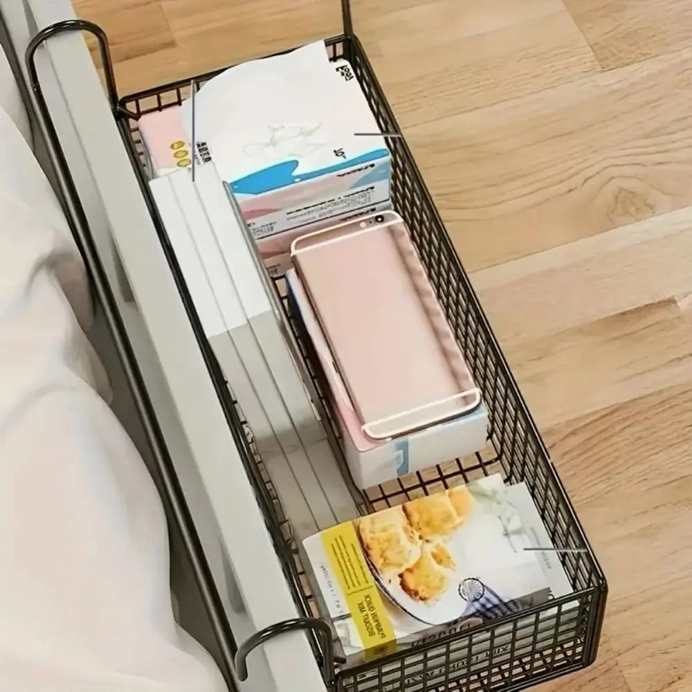 Iron Hanging Bedside Storage Basket – No-Drill Wire Shelf