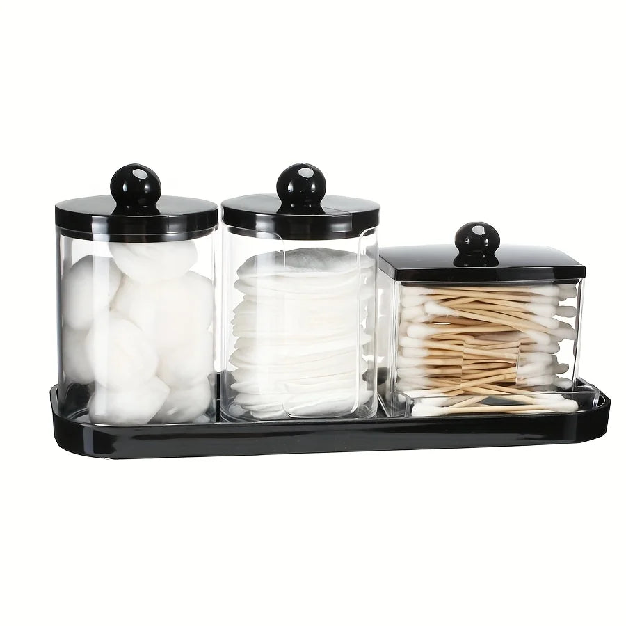 Apothecary Jar Qtip & Cotton Round Holder with Tray – 3 Pack Bathroom Organizer Set