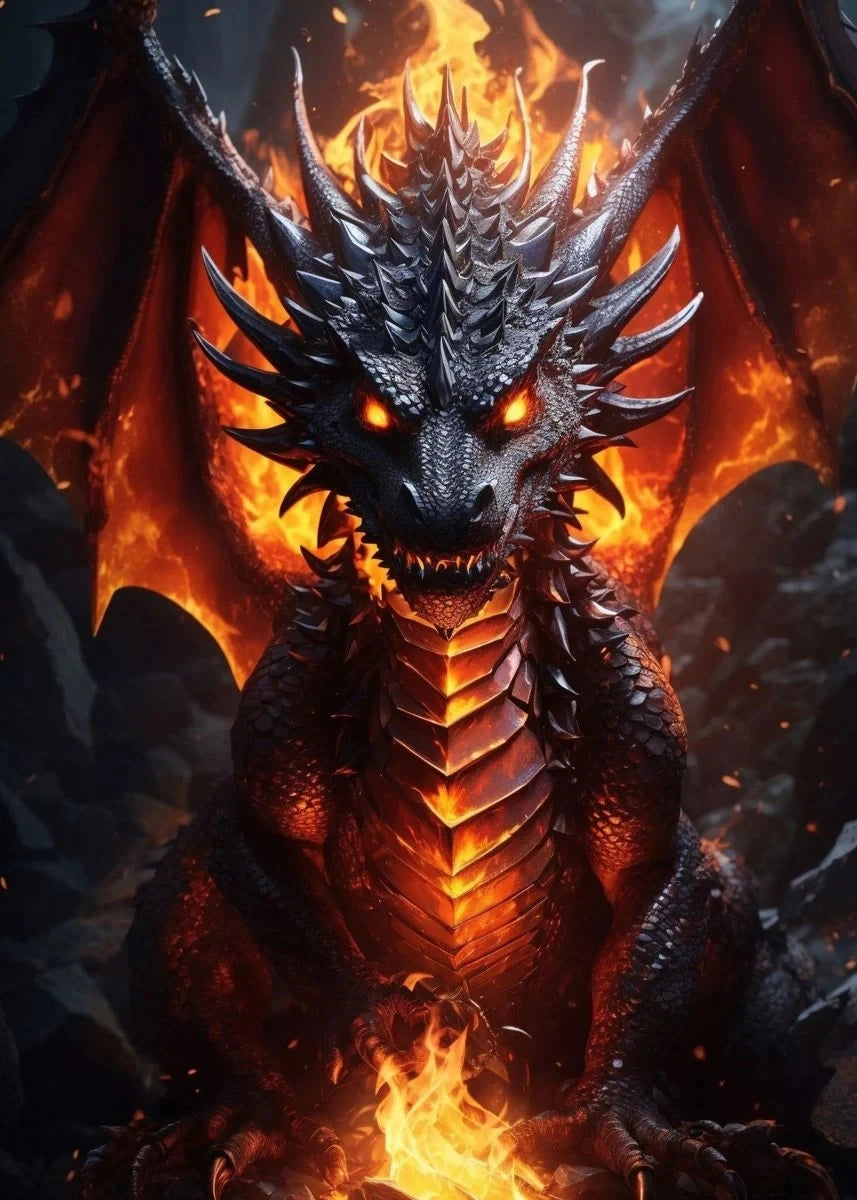 Black Dragon Canvas Wall Art | Oriental Fantasy Dragon Poster