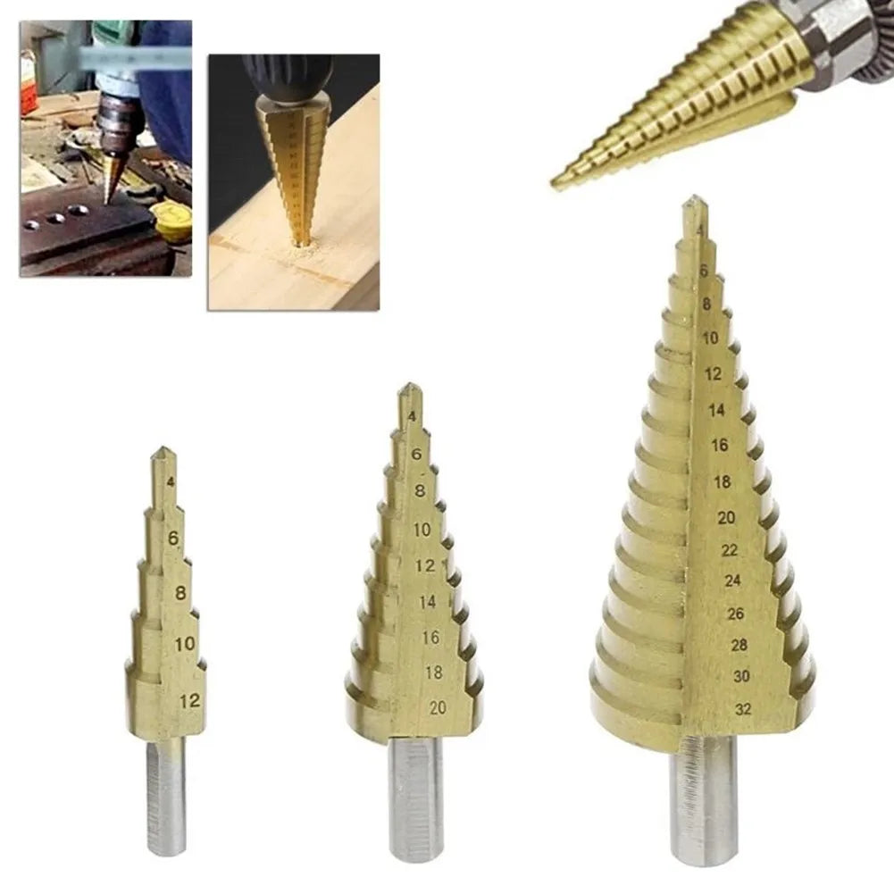 Step Cone Drill Bit Set – 4-12, 4-20 & 4-32mm Steel Cutter