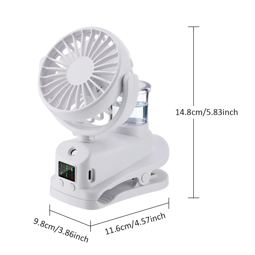 Misting Clip Fan for Baby Stroller, Portable Rechargeable USB Desk Spray Fan, Quiet 1200mAh Mini Air Cooler with LED Display Peaceful Pleasures Health and Wellness
