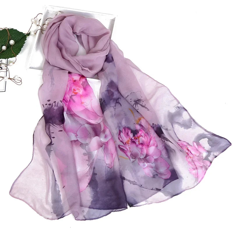 Women's Ink Lotus Chiffon Scarf – Lightweight Floral Print
