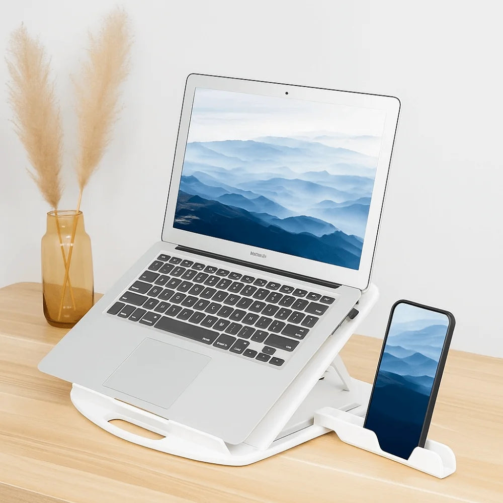 Plastic Laptop Stand With Phone Holder Non Slip Desktop Holder Portable Multiple Height Ergonomic Laptop Riser Desk Tablet Phone Peaceful Pleasures Health and Wellness