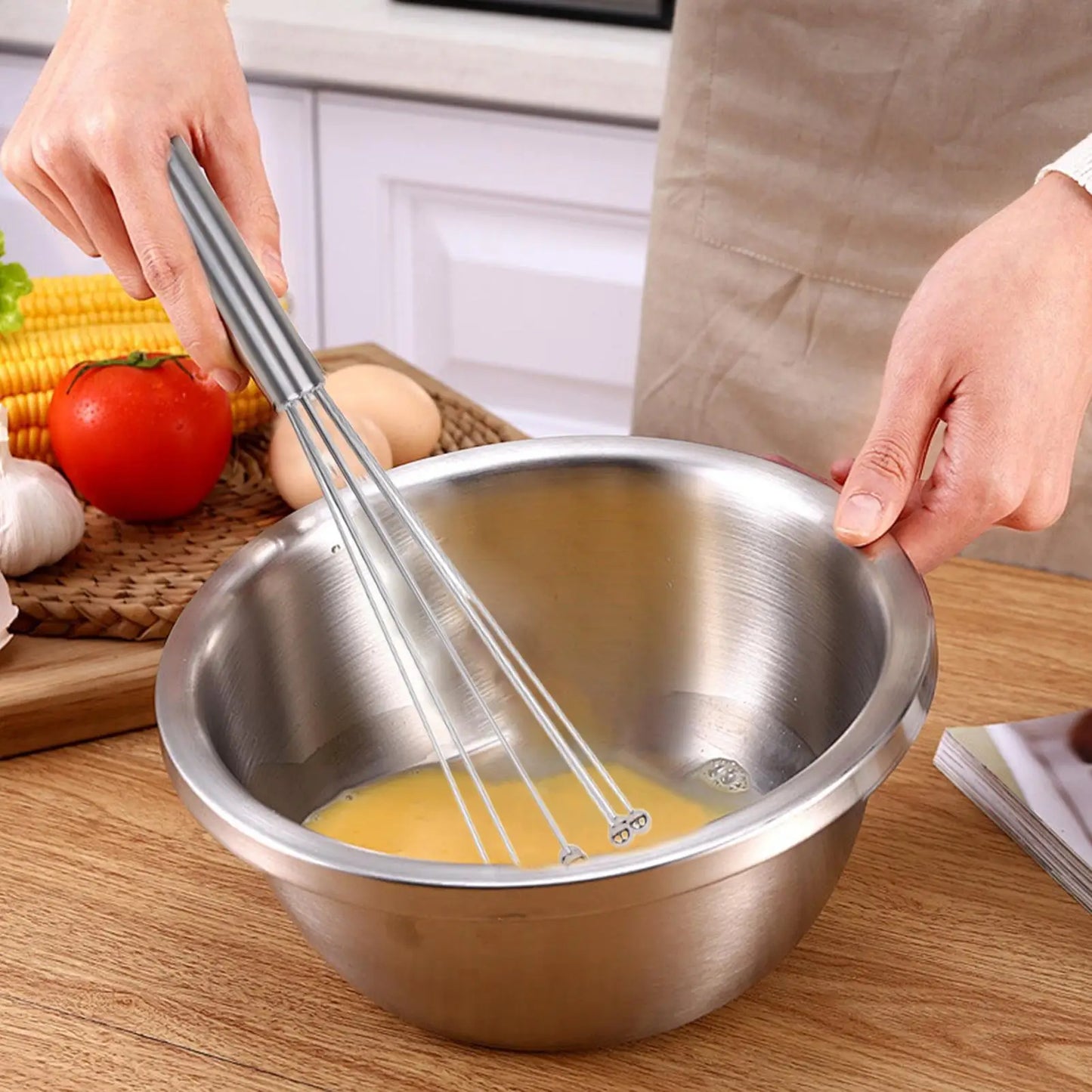 Stainless Steel Manual Egg Beater – Ball-Tip Whisk, 2 Sizes