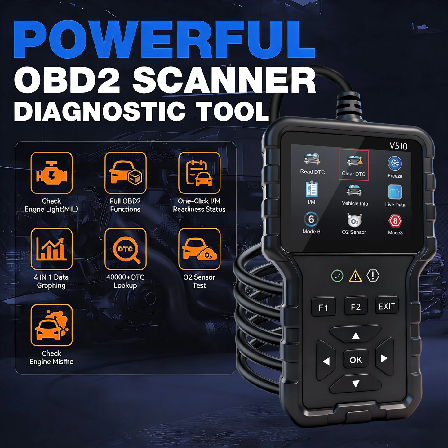 V510 OBD2 Scanner – Car Diagnostics, Battery Tester 1996+