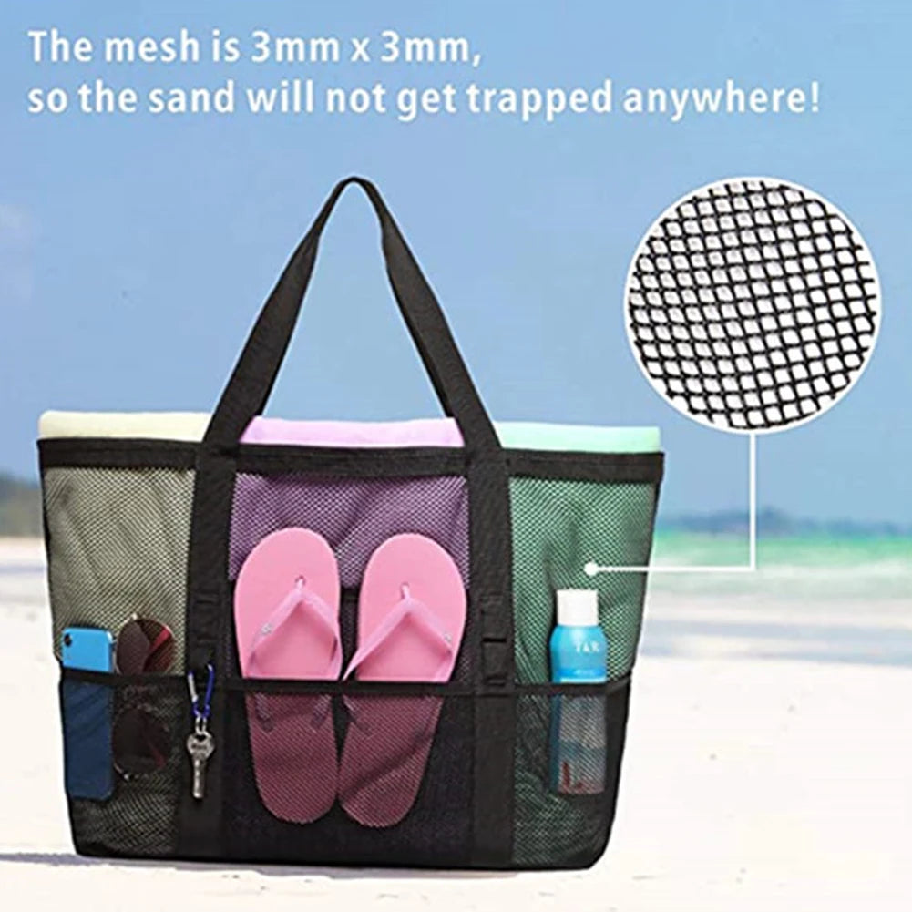 Mesh Beach Bags Beach Tote Bag With Multi Pockets Large Capacity Travel Tote Handbag Swim Pool Bag Multifunctional Storage Bag Peaceful Pleasures Health and Wellness