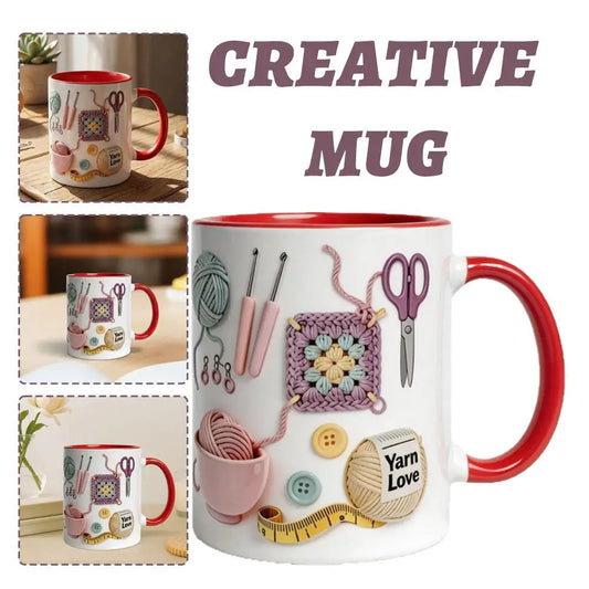 Knitting Tools Pattern Design Ceramic Mug Exquisite Creative Mug Home Office 2D Flat Print High Quality Handcrafted Art Mug Gift Peaceful Pleasures Health and Wellness