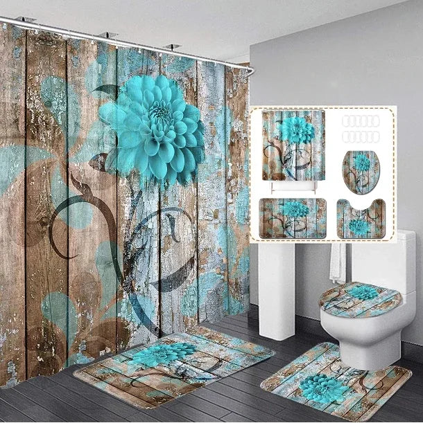 4pcs Set Doormat Shower Curtain with Non-Slip Rugs Toilet Seat Cover Bath Carpet Durable Waterproof Bathroom Home Entrance Decor Peaceful Pleasures Health and Wellness F